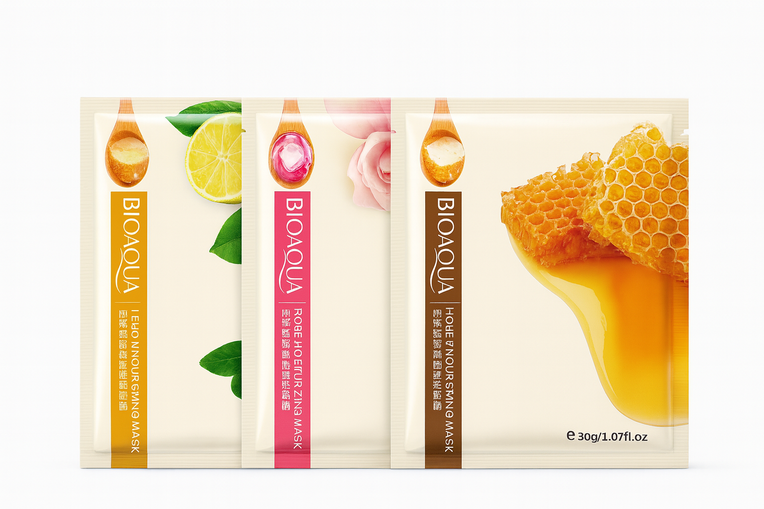 BIOAQUA Face Mask Pack | Honey Nourishing, Lemon Brightening, Rose Moisturizing Facial Sheet Mask | Hydrating, Whitening, Glowing Skin Care