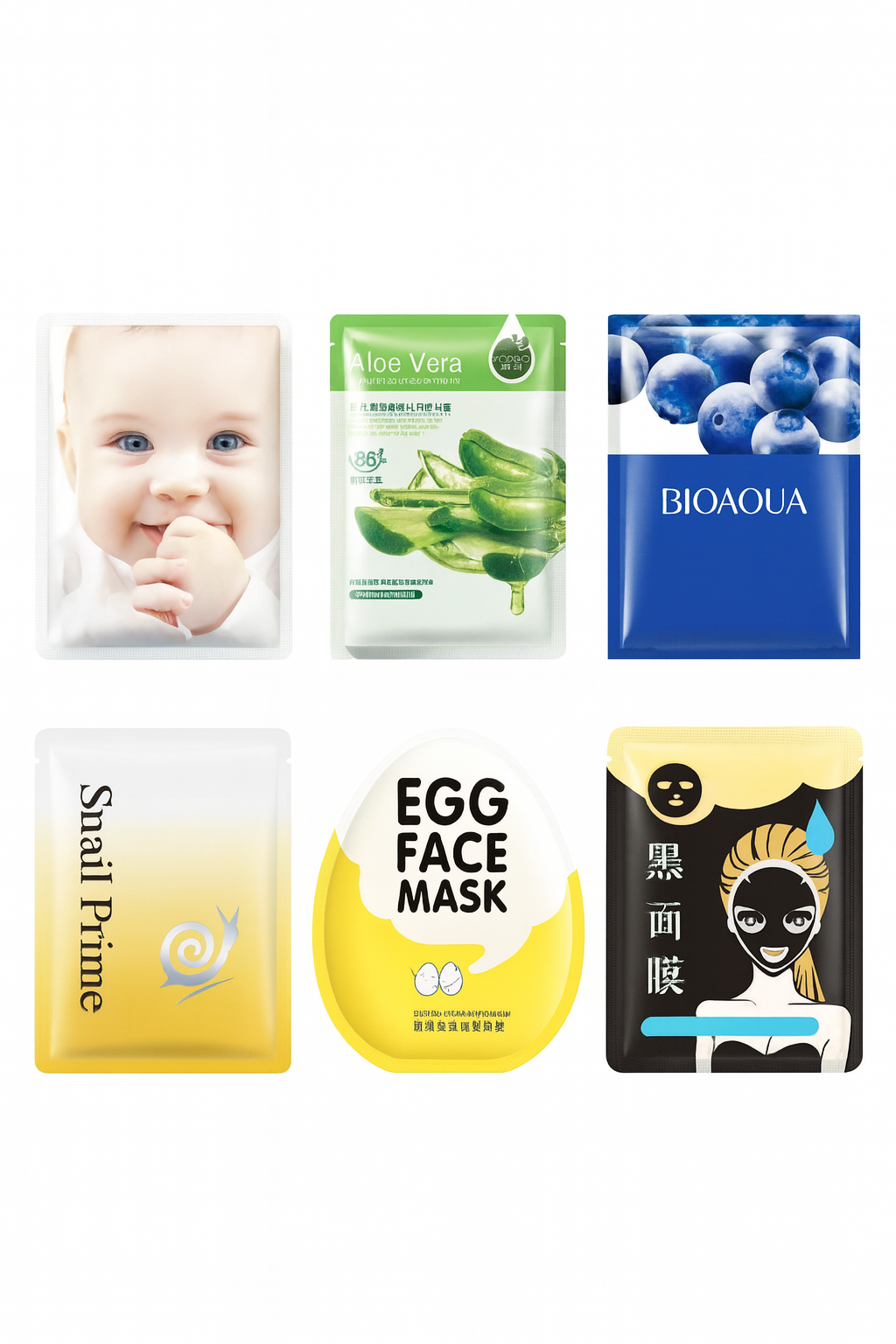 BIOAQUA Facial Mask Set Baby Skin, Aloe Vera, Blueberry, Snail Prime, Egg Face, Black Mask | Hydrating, Brightening, Anti-Aging, Moisturizing, Deep Cleansing Sheet Masks