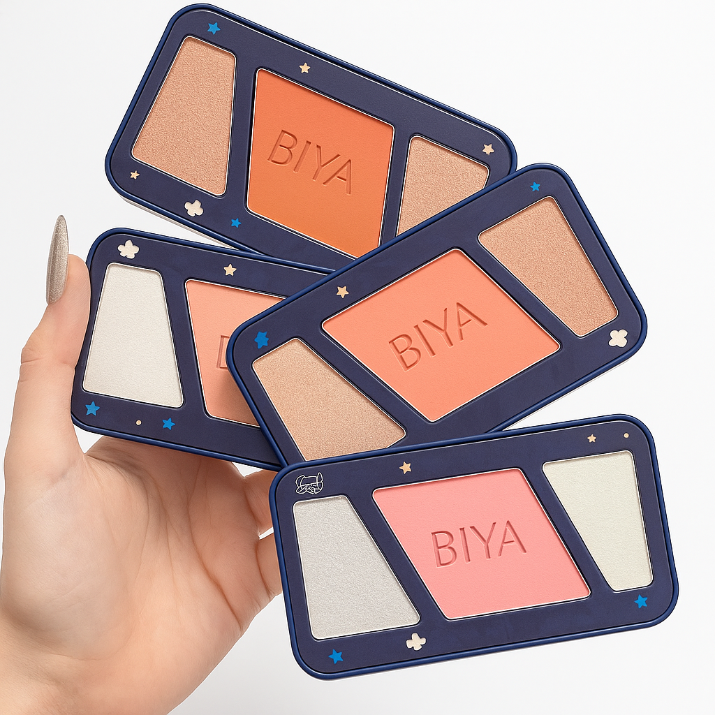 3 in 1 Colors Facial Blush Gradual Powder Blusher Shimmer Highlighter Three-dimensional Brightening Powder Blusher Palette - Biya Korean Highlighter & Blush Palette