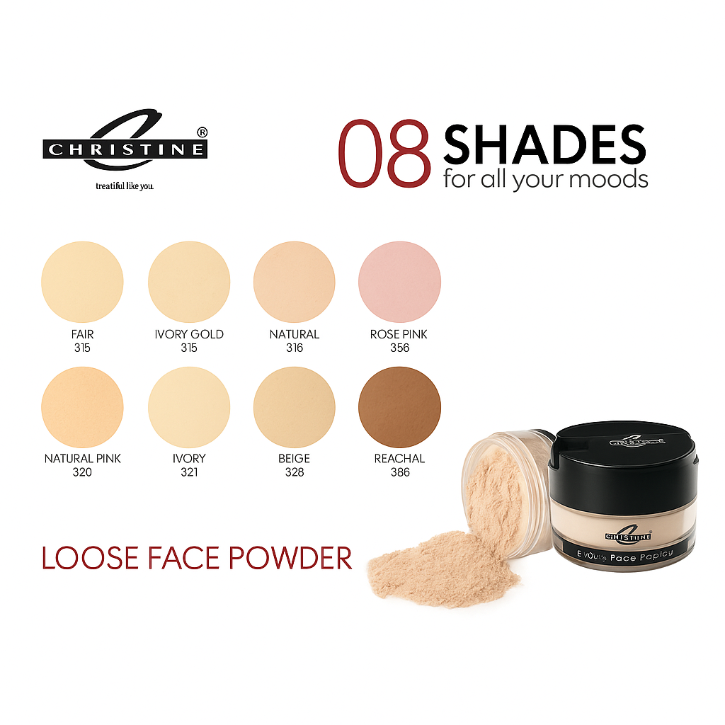 Christine Loose Face Powder 8 Shades – Long Lasting, Oil Control, Lightweight & Smooth Finish Makeup Setting Powder