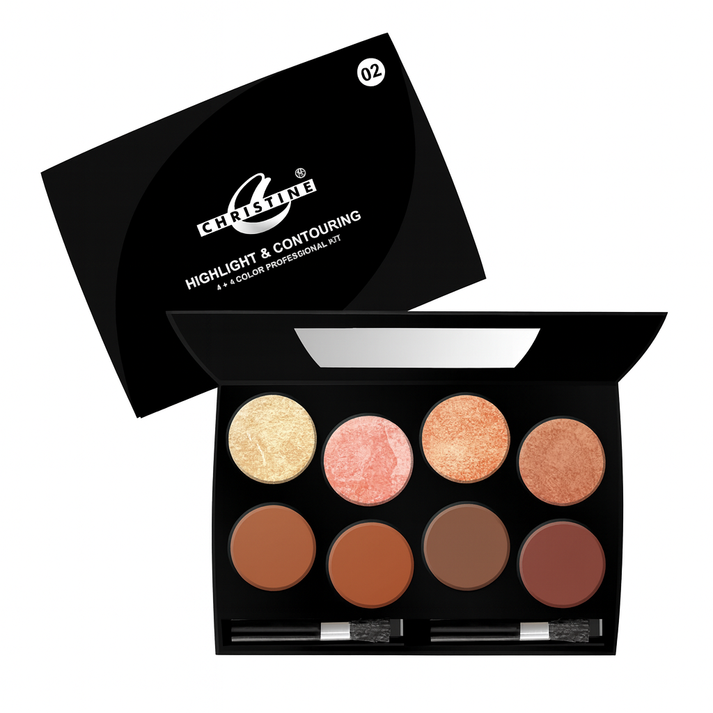 Christine 8-Color Highlight & Contouring Palette – Pro Sculpting Kit for Flawless Glow & Defined Features – Ultra-Pigmented, Long-Lasting, Professional Makeup Essential