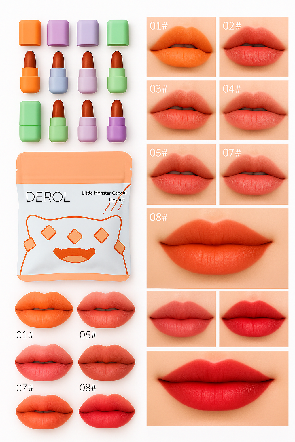 DEROL Little Monster Capsule Lipstick Set 8 Colors Matte Moisturizing Long Lasting Waterproof Velvet Lip Stain