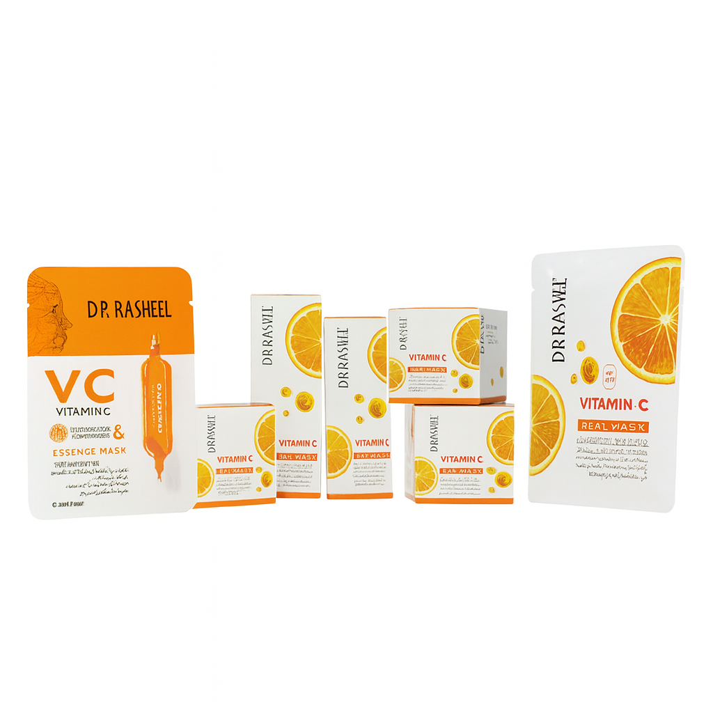 Dr Rasheel Vitamin C 7 in 1 Skincare Deal – Day & Night Cream, Brightening Face Cream, Whitening & Anti-Aging Essence Mask, Hydrating Sheet Mask, Skin Glow & Dark Spot Removal Kit