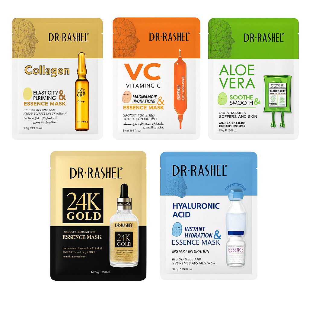 Dr Rashel Facial Essence Mask Set – Collagen, Vitamin C, Aloe Vera, 24K Gold & Hyaluronic Acid | Hydrating, Brightening, Anti-Aging, Whitening & Skin Care Sheet Masks