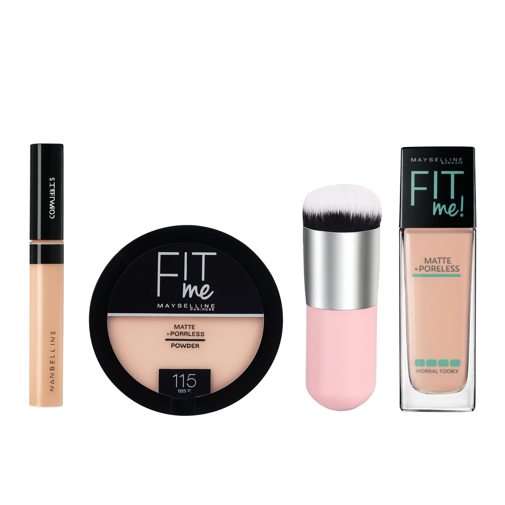 Maybelline Fit Me Makeup Kit – Matte + Poreless Foundation, Powder, Concealer & Brush | Full Face Base Makeup Set for Smooth, Flawless & Long-Lasting Look