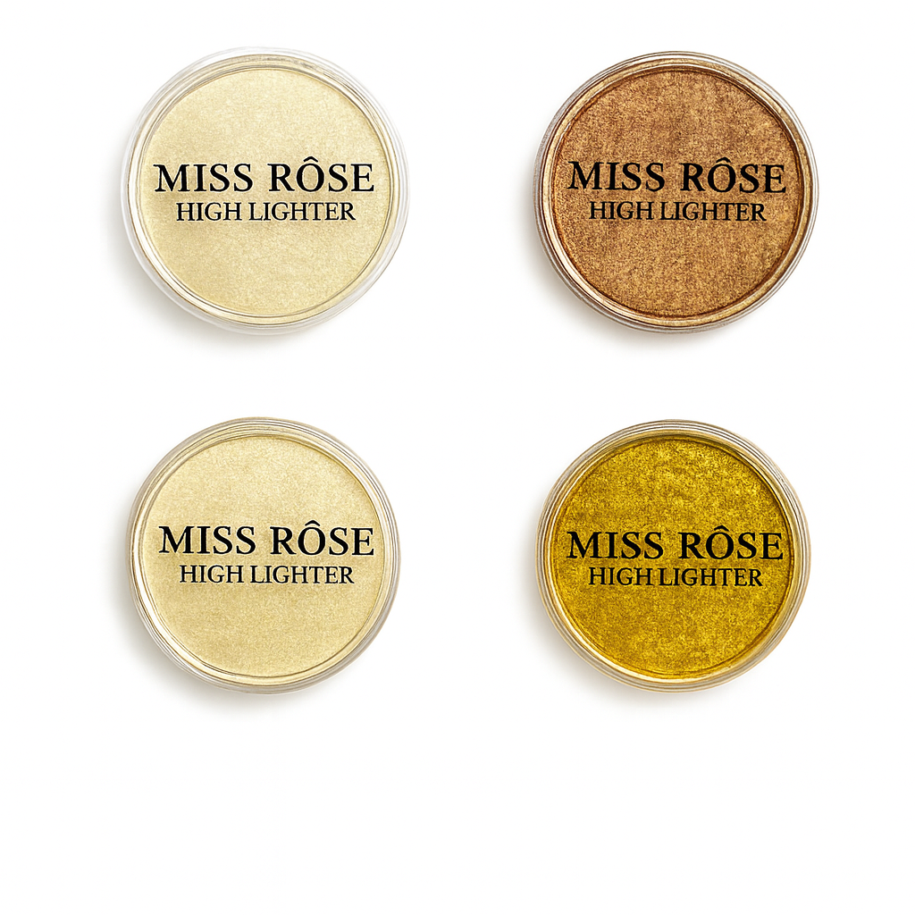 Miss Rose Highlighter Palette – Champagne Glow, Bronze Shine, Golden Pearl & 24K Glam Gold | Long-Lasting, Ultra Pigmented, Waterproof Shimmer for Face & Body