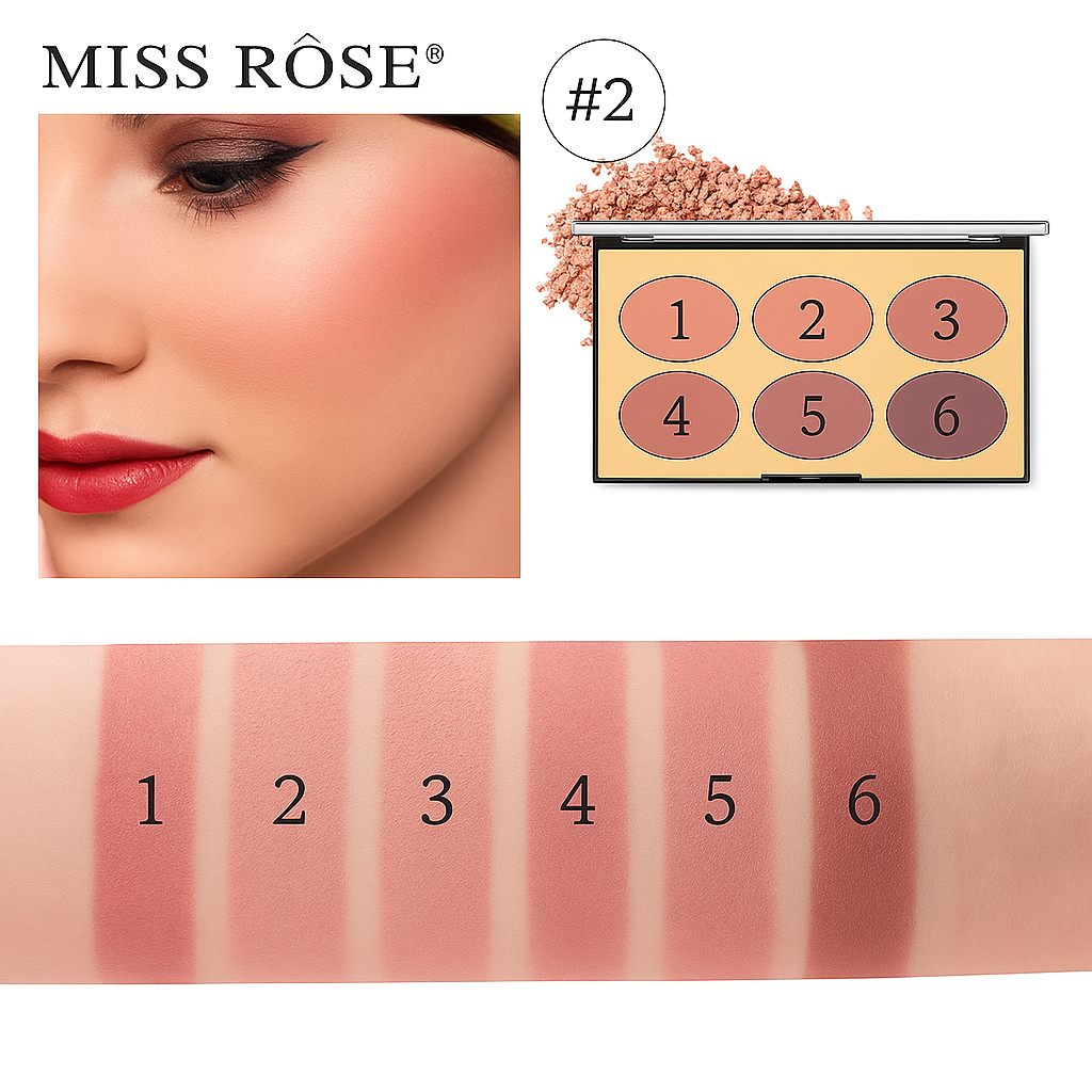 MISS ROSE 6 Color Blusher Palette Matte & Shimmer Powder Makeup Kit – Long Lasting, Highly Pigmented Face Cheek Blush