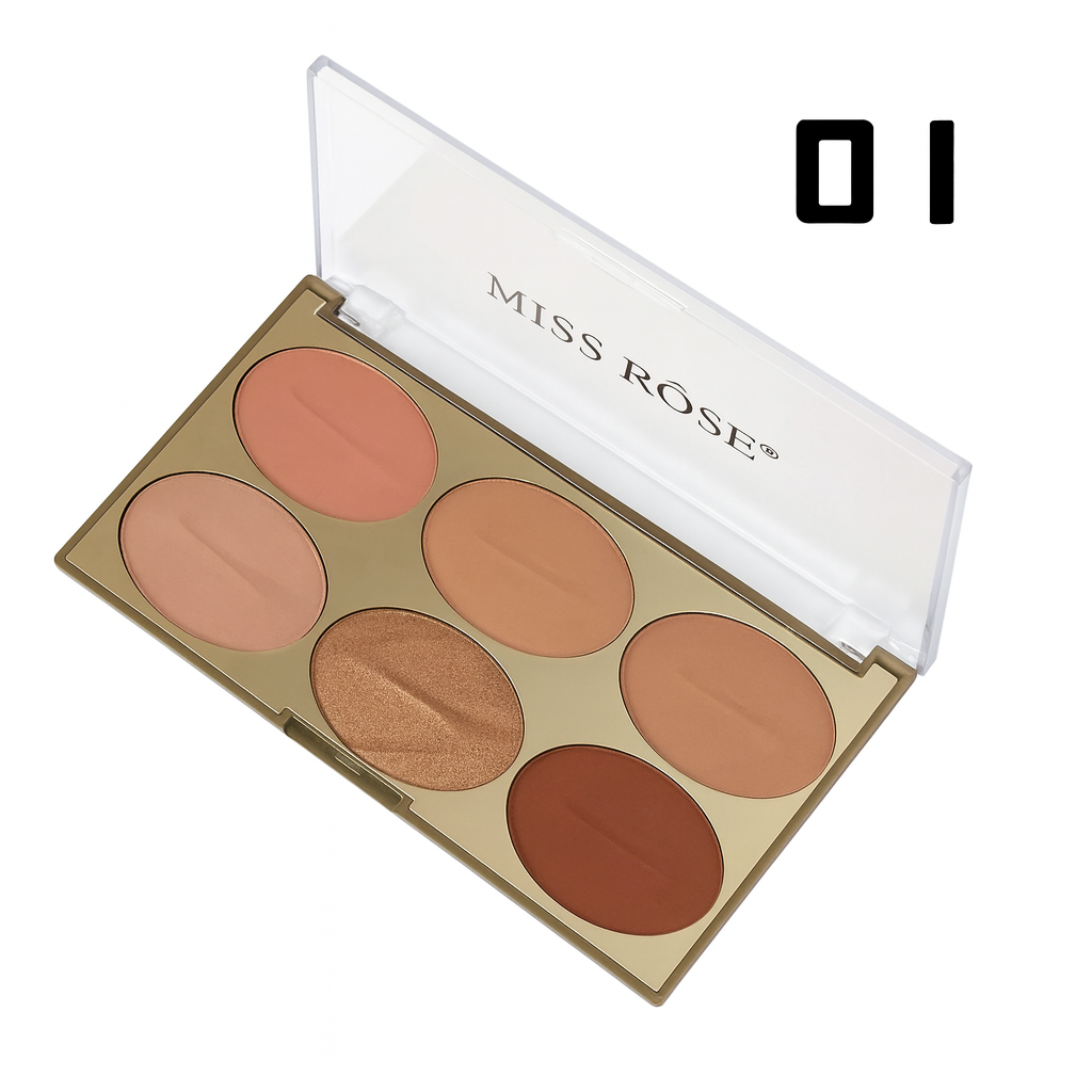 MISS ROSE 6 Color Face Palette Contour, Blush & Highlighter Kit – Long Lasting, Professional Makeup
