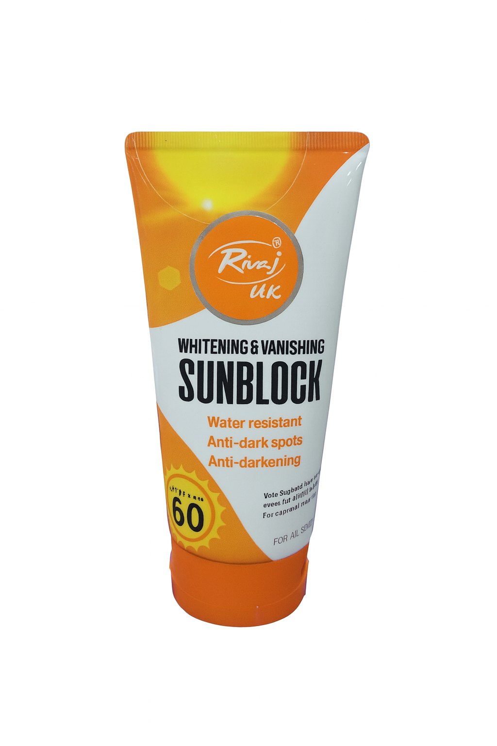 Rivaj UK Whitening & Vanishing Sunblock SPF 60 Water Resistant Sunscreen | Anti-Dark Spots, Anti-Darkening, Brightening Lotion