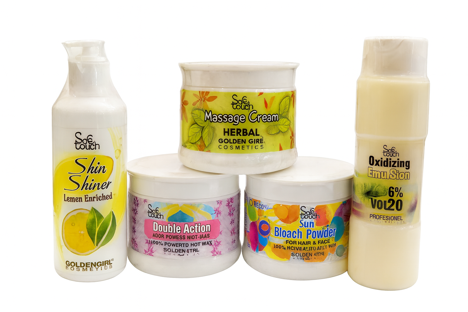 Golden Girl Safe Touch Professional Salon Kit | Skin Shiner Lotion, Herbal Massage Cream, Double Action Hot Wax, Sun Bleach Powder & Oxidizing Emulsion | Whitening, Glowing & Smooth Skin Care Pack