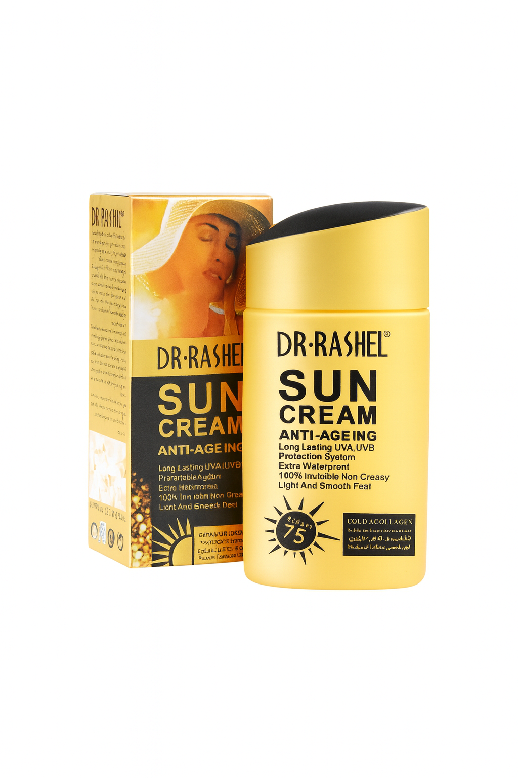 Dr Rashel Sun Cream SPF 75 Anti-Ageing Sunscreen | Gold & Collagen, UVA/UVB Protection, Extra Waterproof & Non-Greasy